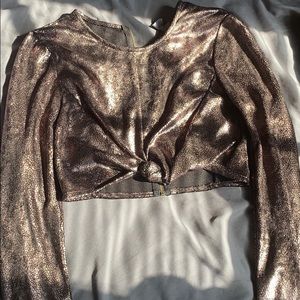 Long Sleeve Metallic Crop Top with Knot